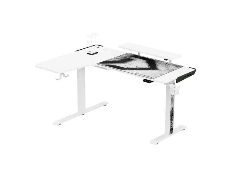 Ultradesk Winger Gaming Desk - Hvid, 111X155x60 Cm, 75-122 Cm, Elektrisk Justerbar, Rgb-Baggrundsbelysning, Hovedtelefonholder