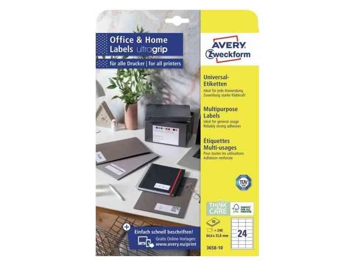 Avery 3658-10, Hvid, Rektandel, Permanent, A4, Papir, Laser/Inkjet