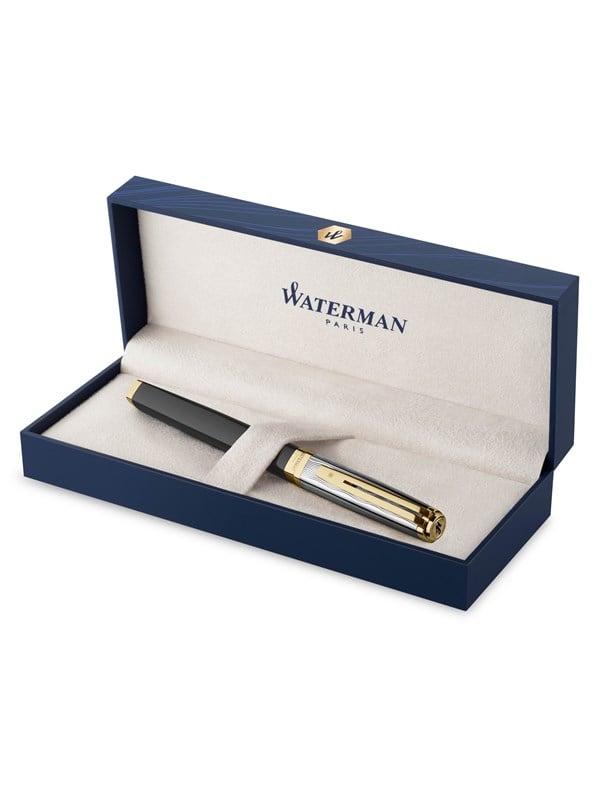 Waterman Exception Fyldepen | Metal & Sort Lakeret med Guldbeklædning & Høvlet hætte | 18K Guld Fin Spids | Blåt Blæk | Gaveæske