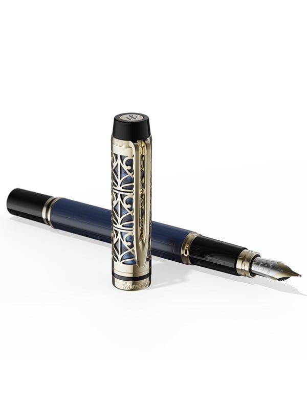 Waterman Man Bleu de Paris Limited Edition Fyldepen, Blålakeret skaft med let guldbelagt hætte og beklædning, 18K guld fin spids, Premium Gaveæske