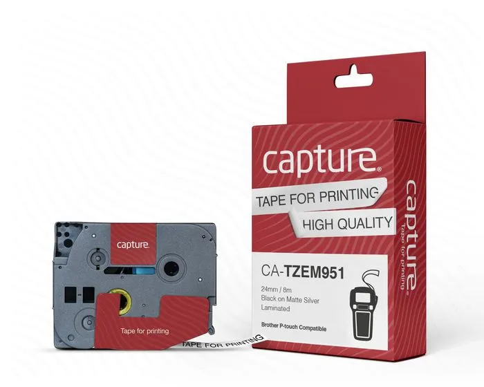 Capture Tzem951 P-Touch Compatible 24Mm X 8M Black On Matte Silver Tape