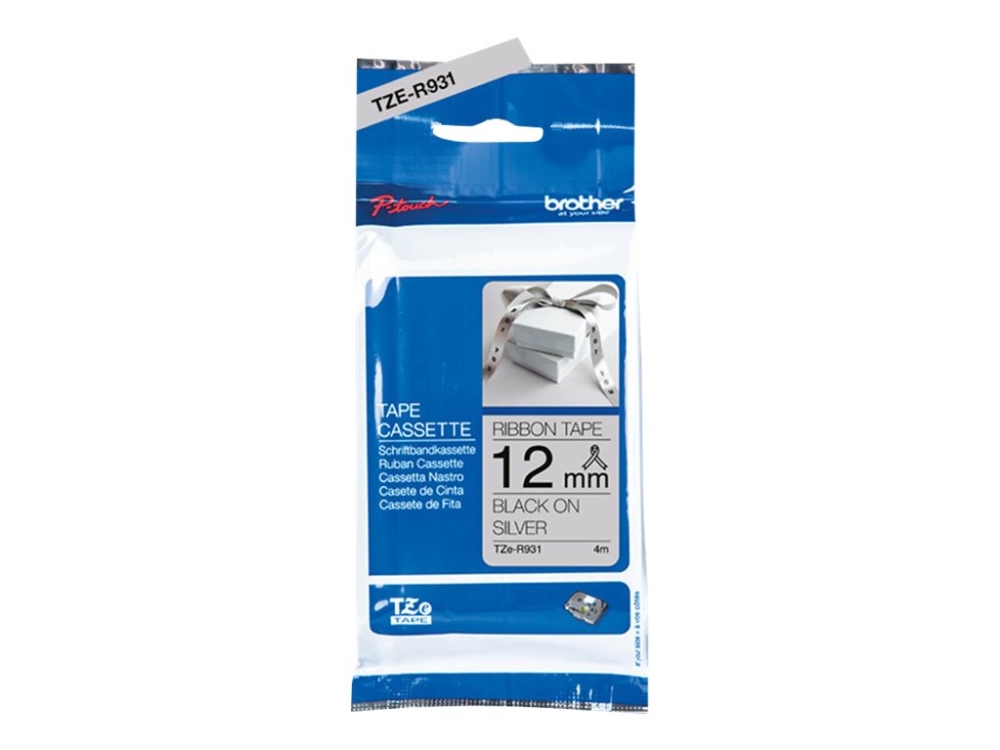 Brother Tze-R931 Gavebånd 12Mm X 4M - Sort På Lysegråt Satinbånd