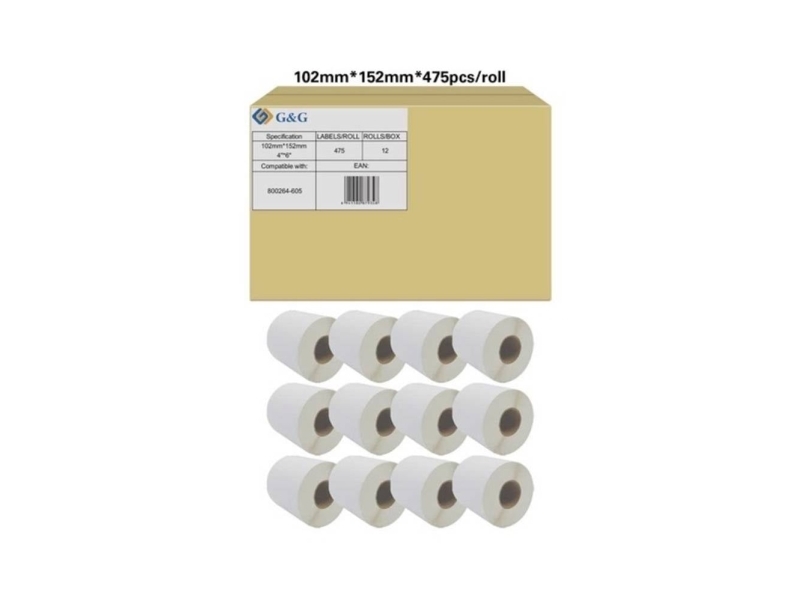 G&G Mærkatrulle 102 X 152 Mm Papir Hvid 12 Rollen Permanent Vedhæftningsevne Rl-P-S2011-102*152*475-Bk/Wt Universelle Etiketter