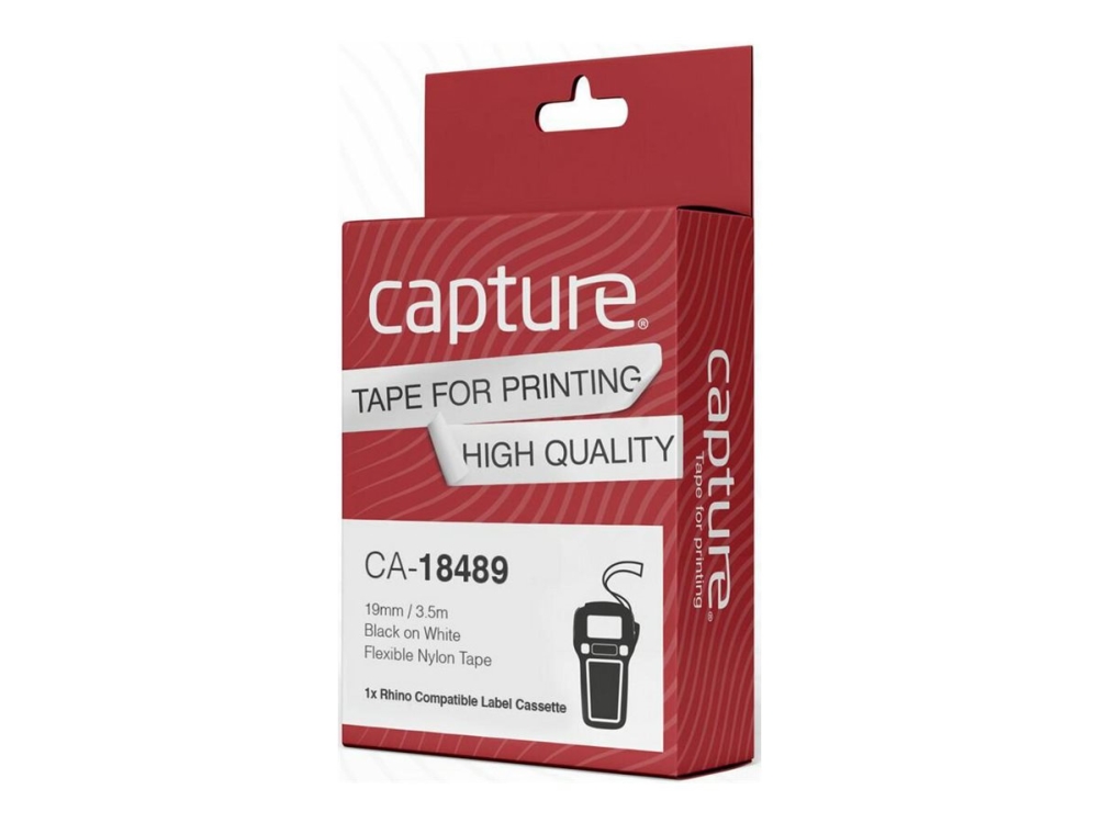 Capture - Nylon - Lamineret - Sort På Hvid - Roll (1.9 Cm X 3.5 M) 1 Kassette(R) Hængekasse - Fleksibel Mærkattape (Alternativ Til: Dymo 18489) - For