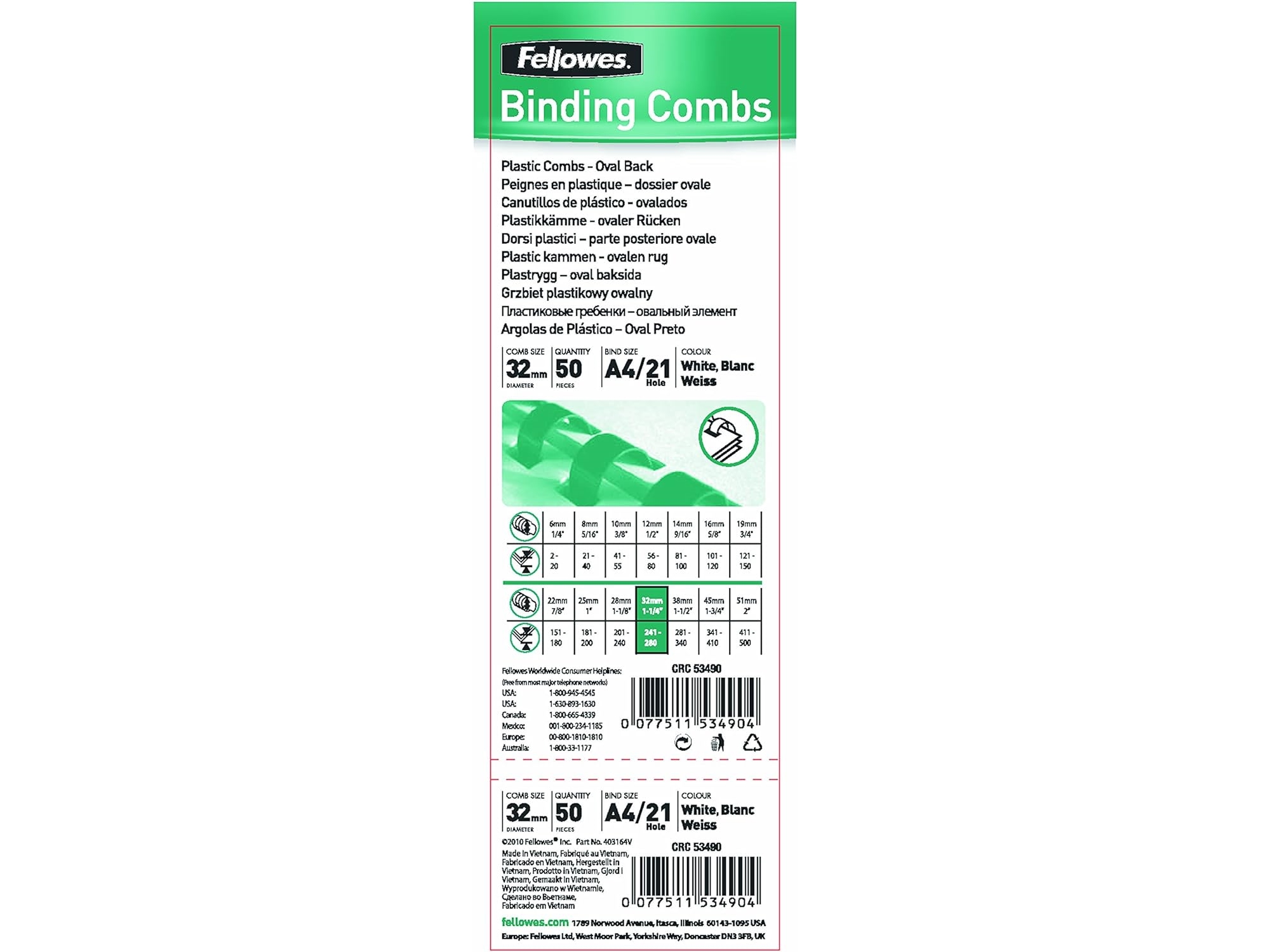 Fellowes 5349002, Hvid, 280 Ark, Plast, 300 Mm, 20 G, 50 Stk