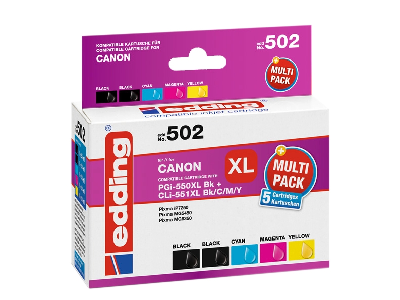 Edding Blæk Erstatter Canon Pgi-550Pgbk Xl, Cli-551 C,M,Y Xl Kompatibel Combi-Pack Sort, Cyan, Magenta, Gul Edd-502 E (Edd-502)