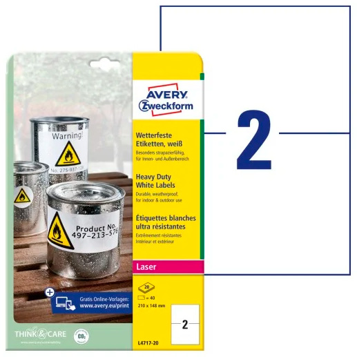 Avery L4717-20 polyesteretiketter 210x148mm hvid